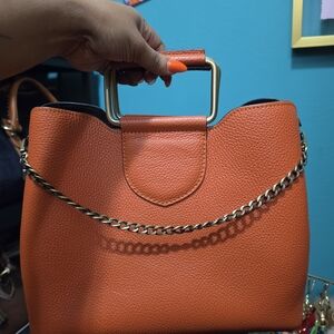 Women's Orange Structured Top-Handle Bag with Chain Accent